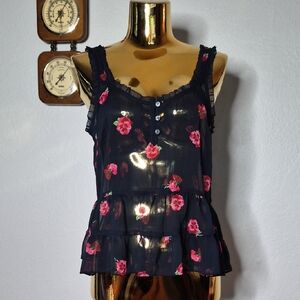 Floral Sleeveless Top - Black with Pink Accents